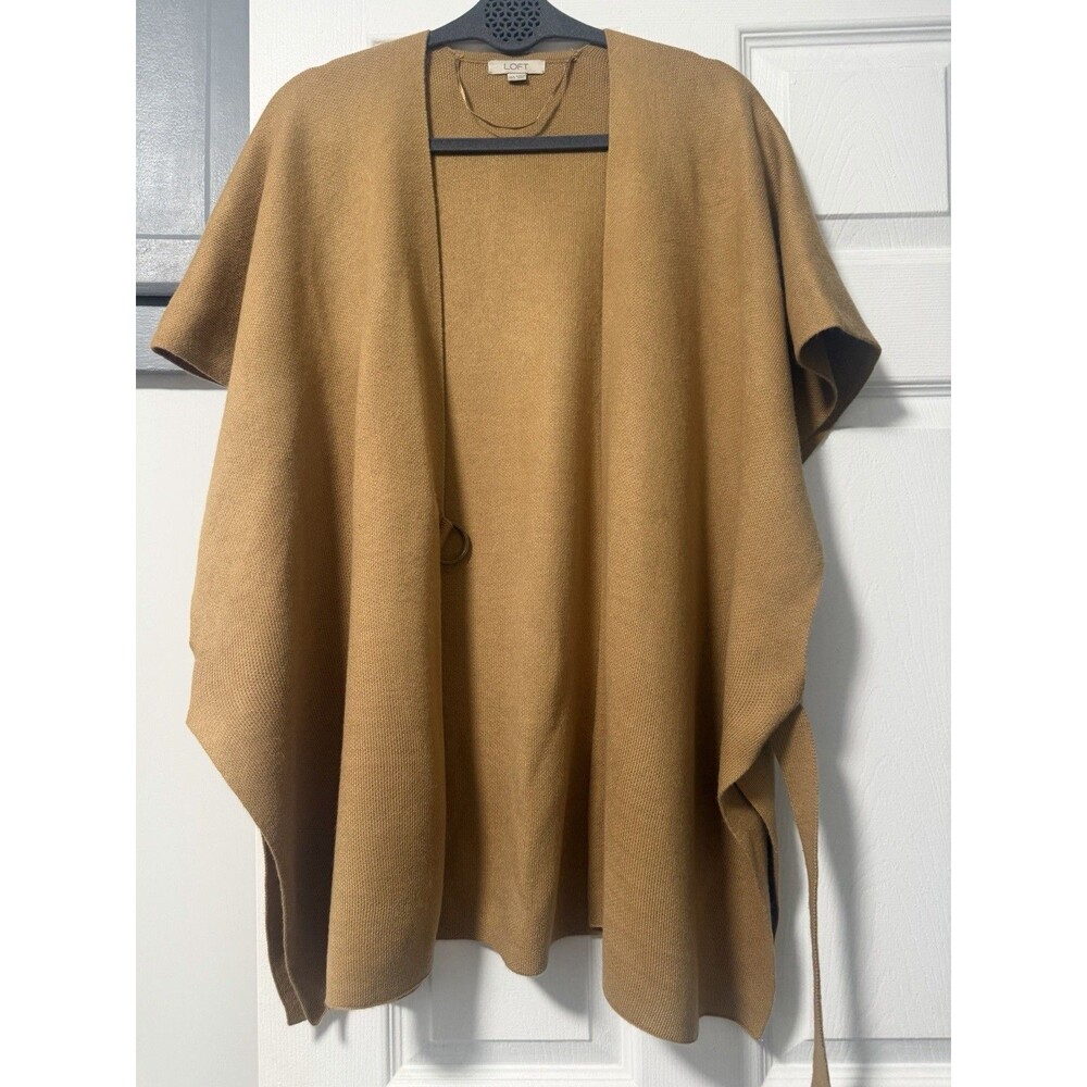 LOFT Camel Knit Wrap Ruana Poncho XS/S Belted Open Front Acrylic Cape Sweater
